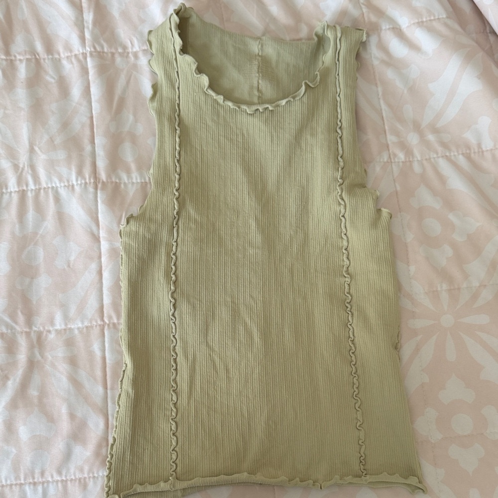 Free People Sleeveless Lettuce-Edge Ribbed Tank Top - Sage Green